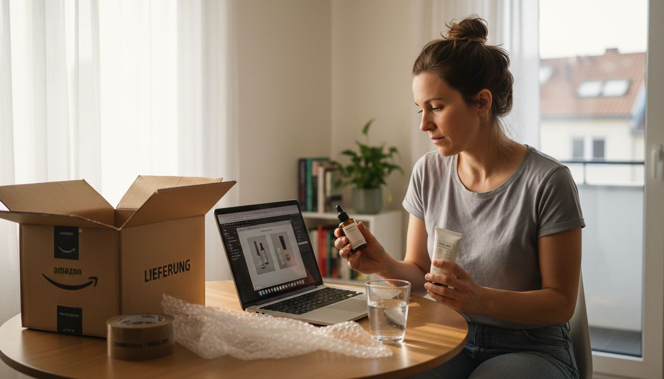 Eine Frau arbeitet an ihrem Laptop und feilt an der perfekten Produktbeschreibung für Amazon.