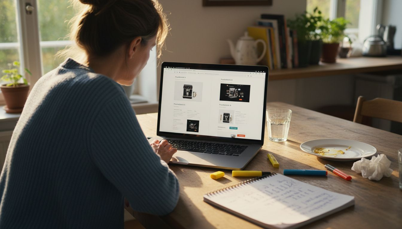 Eine Frau sitzt am Laptop und prüft aufmerksam die Produktbeschreibung.