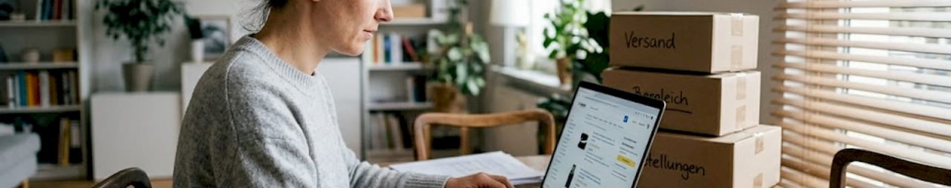 Eine Frau sitzt an ihrem Schreibtisch im Homeoffice und analysiert verschiedene Amazon-Angebote.