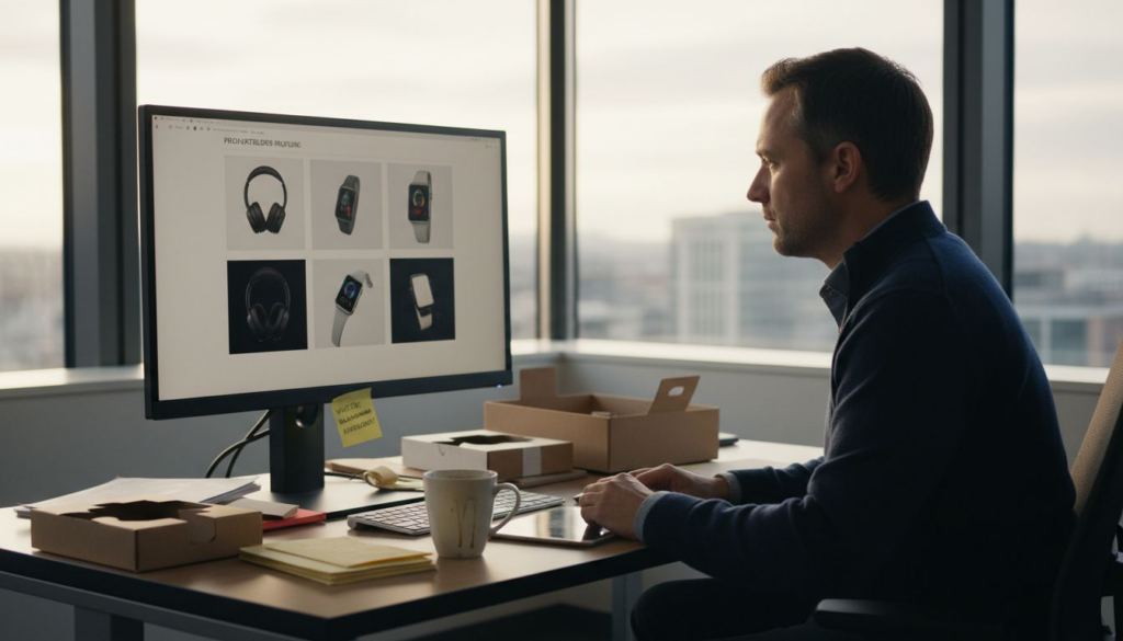 Ein Angestellter überprüft am Schreibtisch verschiedene Markenlogos.