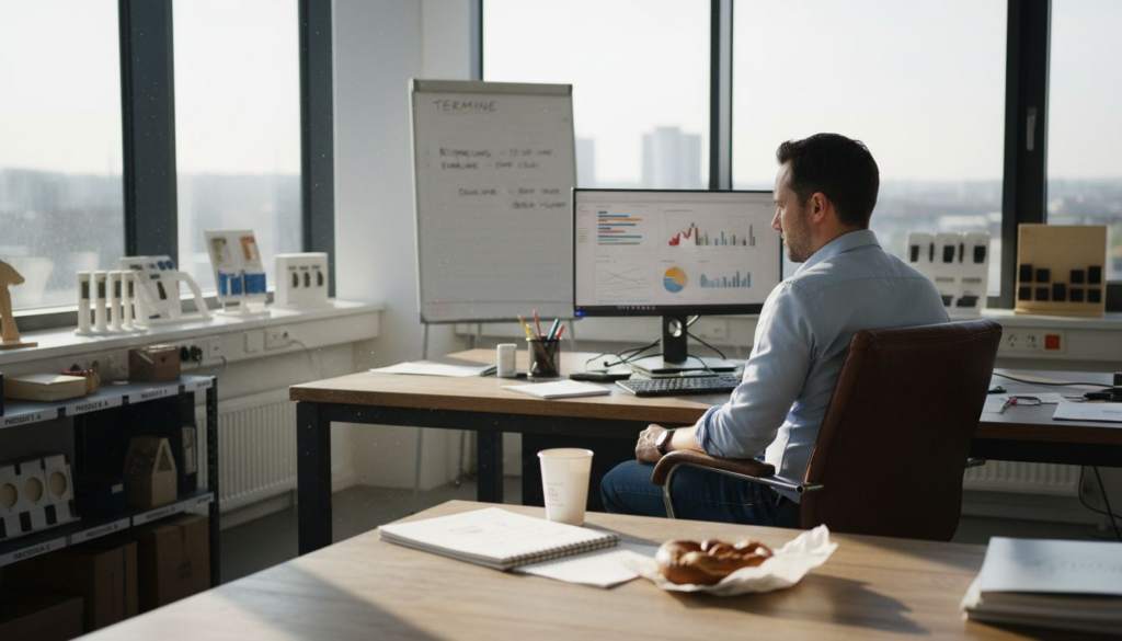 Ein Amazon-Händler sitzt in seinem modernen Eckbüro und analysiert die aktuellen Verkaufszahlen und Kennzahlen seines Shops.