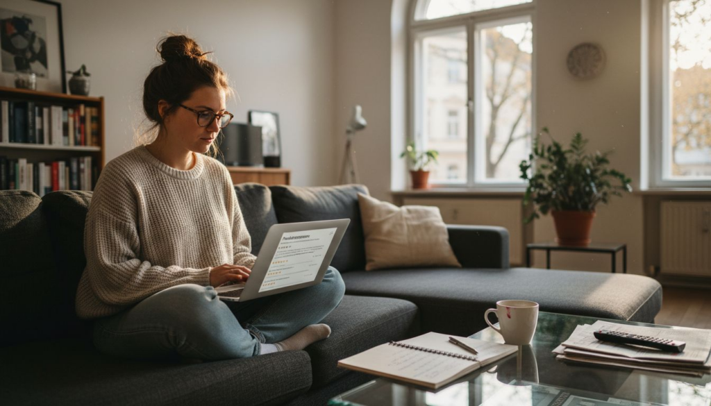 Im Wohnzimmer sitzt eine Frau und stöbert durch die Amazon-Bewertungen.