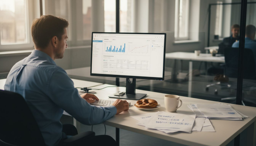 Ein Mann sitzt an seinem Schreibtisch und wertet die Verkaufsdaten seines Amazon-Shops aus.