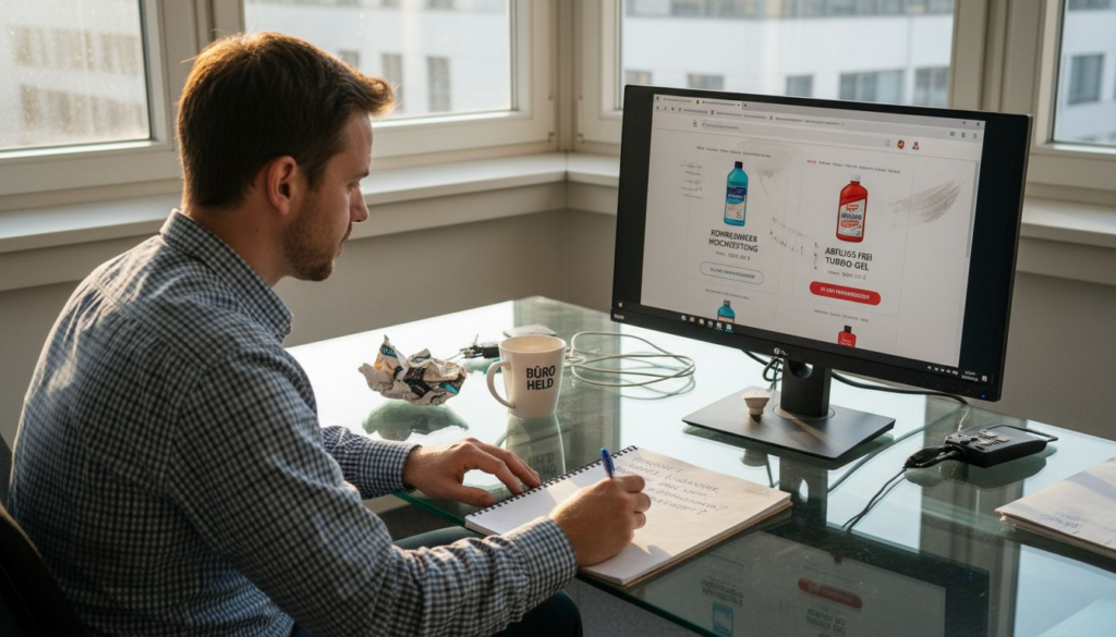 Ein Mann sitzt am Schreibtisch und vergleicht verschiedene Amazon-Konkurrenten.