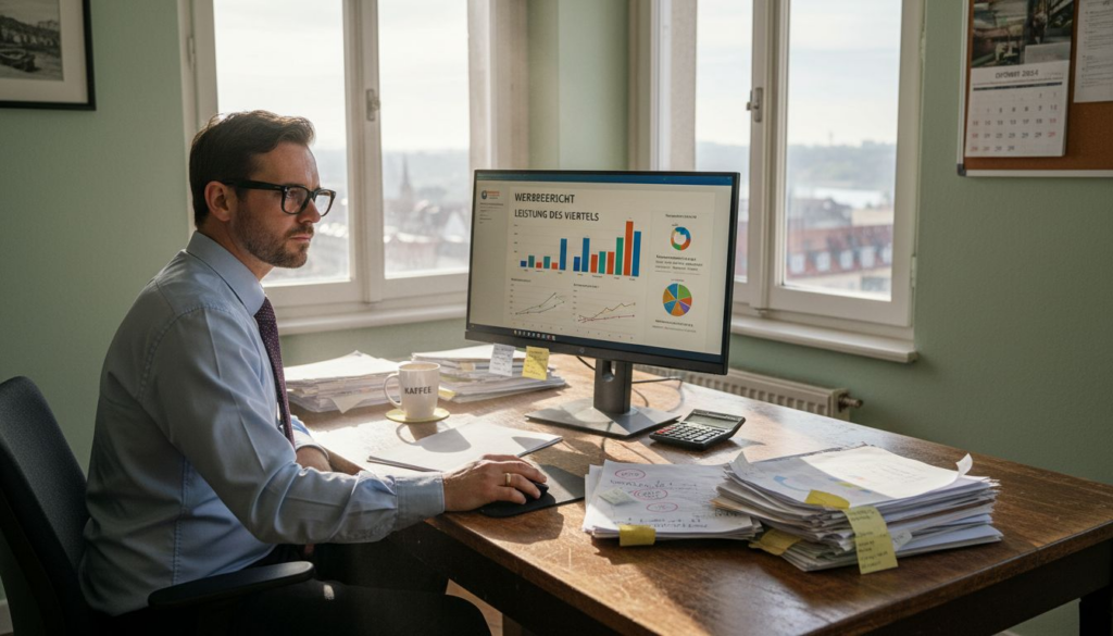 Ein Mann sitzt am Schreibtisch und prüft aufmerksam die Werbekosten für Amazon.