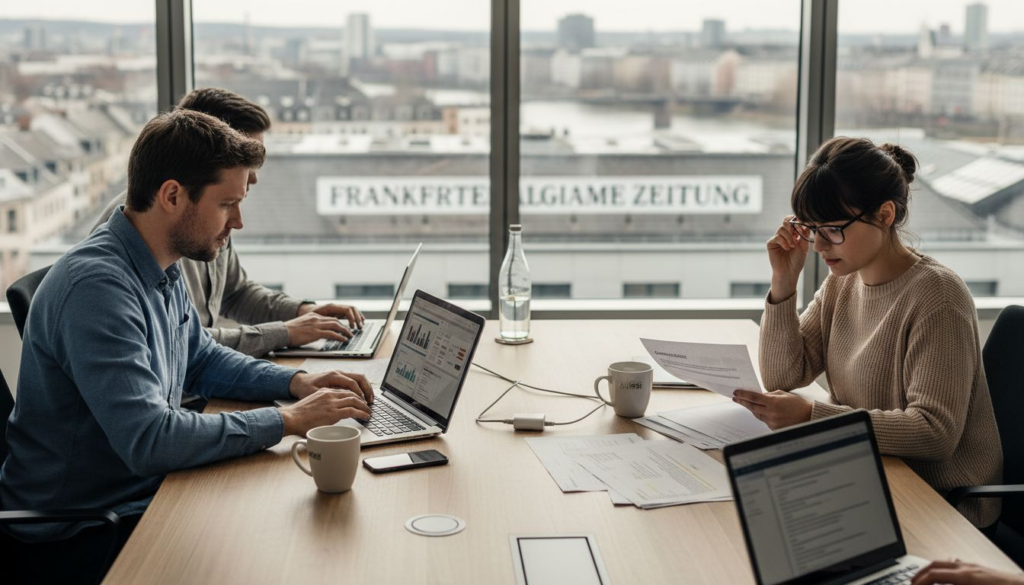 Team-Meeting der Amazon-Agentur mit Laptops und Arbeitsunterlagen am Tisch