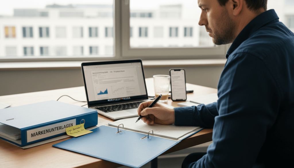 Ein Mann sichtet am Schreibtisch Unterlagen zur Markenprüfung.