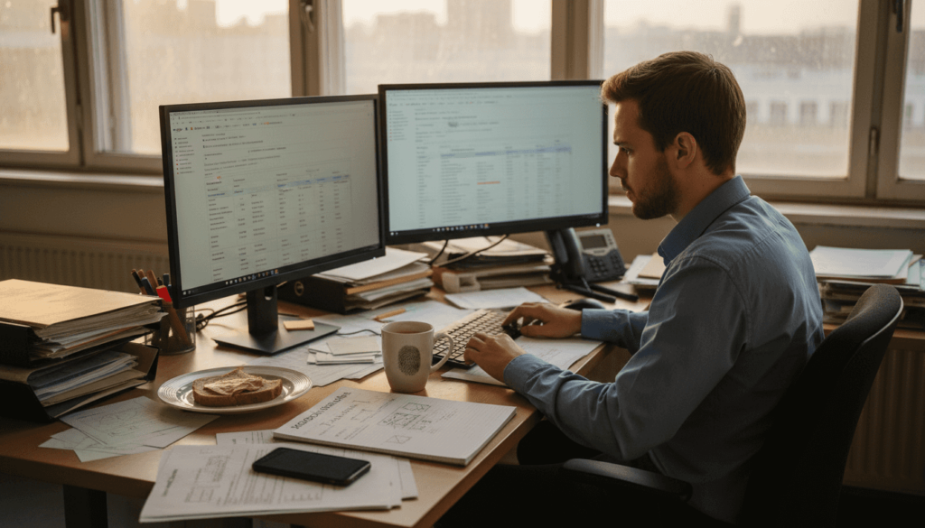 Ein Account Manager sitzt an seinem vollgestellten Amazon-Schreibtisch und arbeitet konzentriert.