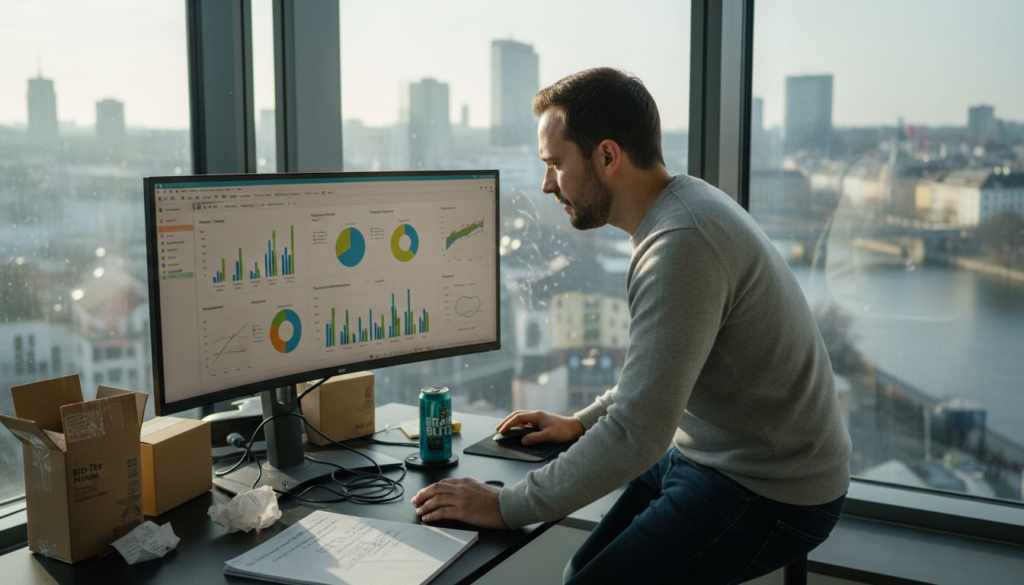 Arbeitsplatz eines Amazon-Händlers mit Computer und Versandmaterialien