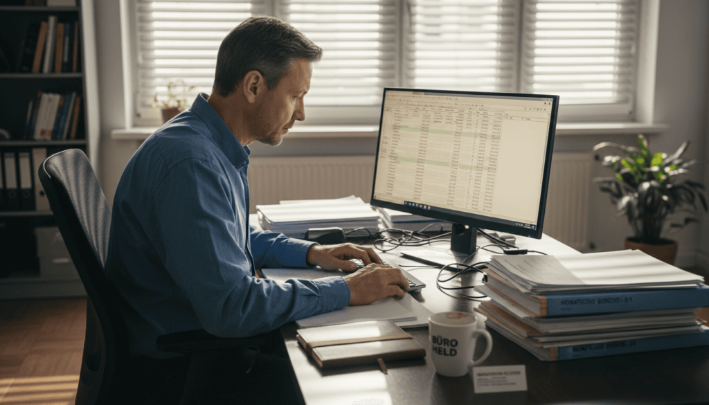 Ein Mann sitzt am Schreibtisch und wirft einen prüfenden Blick auf die Markenanalyse seines Amazon-Shops.