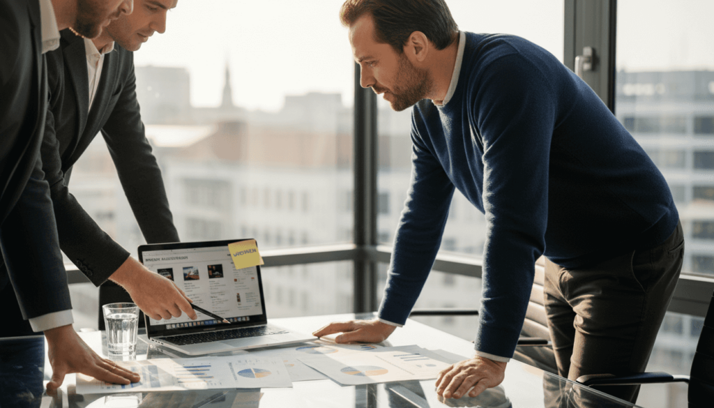 In einem modernen Eckbüro beraten sich die Kollegen über die optimale Amazon-Strategie.