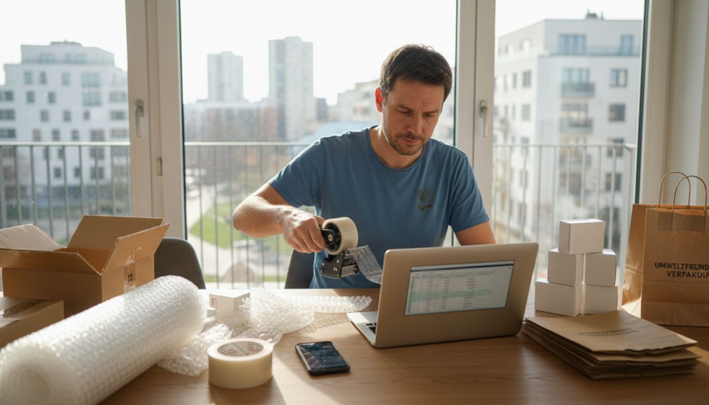 Ein Online-Händler überprüft seinen Warenbestand an einem überladenen Schreibtisch.
