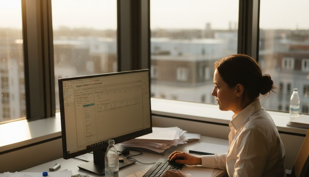 Ein Händler überprüft sein Amazon-Angebot am Schreibtisch.