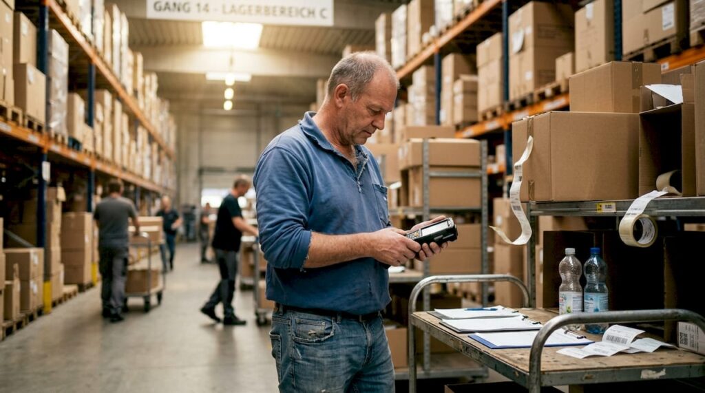 Ein Logistikleiter überprüft die Warenbestände im Lager.