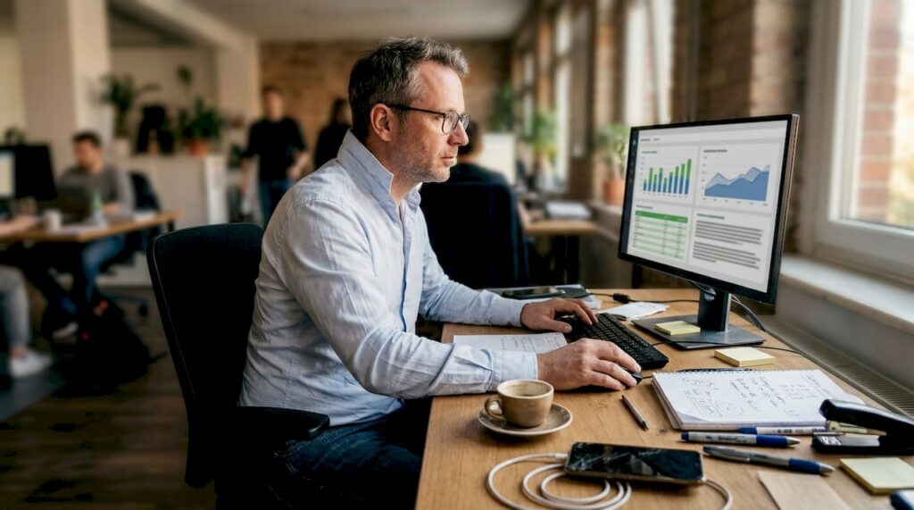 Ein Manager sitzt an einem offenen Arbeitsplatz und wertet die Ergebnisse einer Marketingkampagne aus.