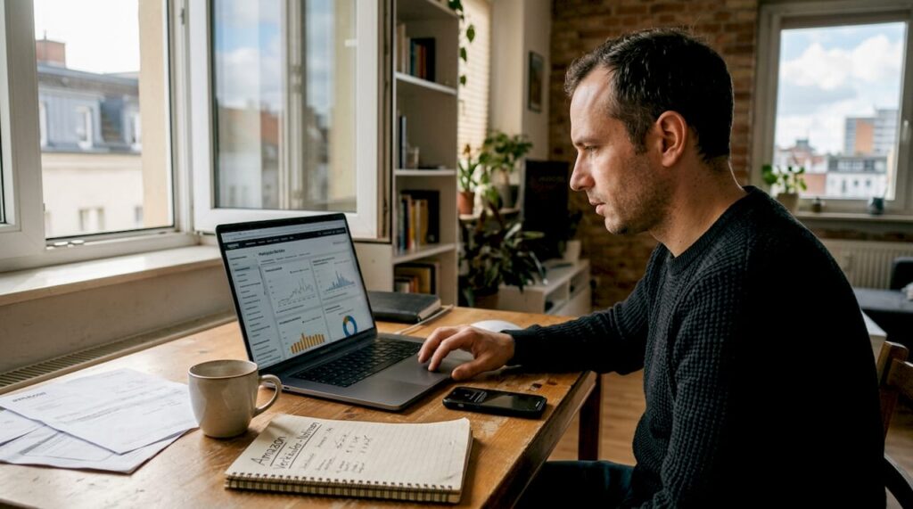 Ein Verkäufer sitzt an seinem überladenen Schreibtisch und wirft einen genauen Blick auf die aktuellen Amazon-Statistiken.