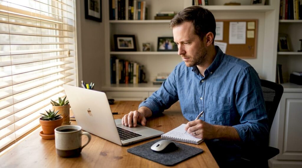 Ein Unternehmer prüft die Verkaufsstatistiken seines Amazon-Shops, um die Conversion-Rate zu optimieren.