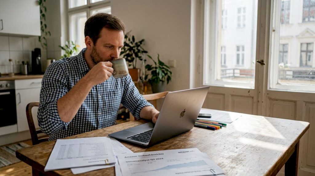 Ein Mann sitzt zu Hause am Schreibtisch und wirft einen genauen Blick auf die Werbekosten seiner Amazon-Kampagnen.
