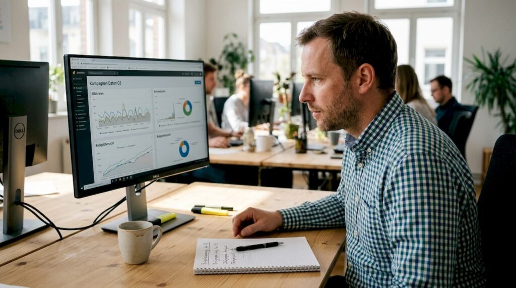 Eine Fachkraft sitzt am Schreibtisch und wertet detailliert die Werbedaten von Amazon aus.