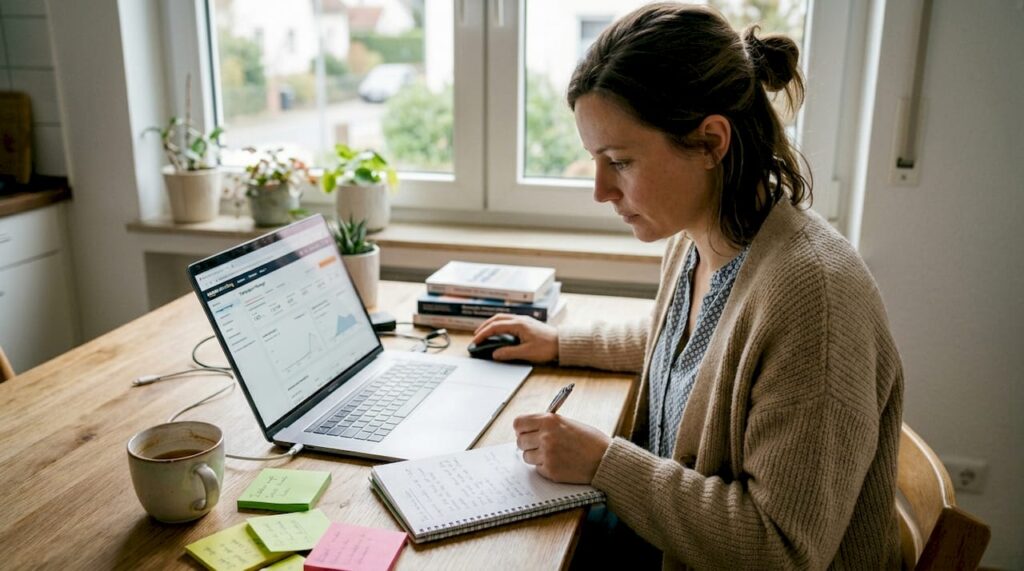Eine Frau arbeitet von zu Hause aus an ihrer Strategie für Amazon-Werbung.
