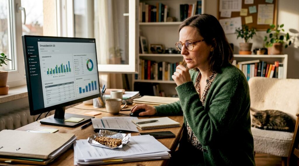 Als Markeninhaberin analysiert sie im Homeoffice die aktuellen Amazon-Daten.