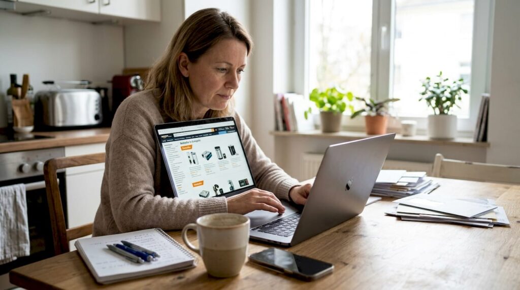 Eine Frau stöbert am Laptop nach den beliebtesten Produkten auf dem Markt.