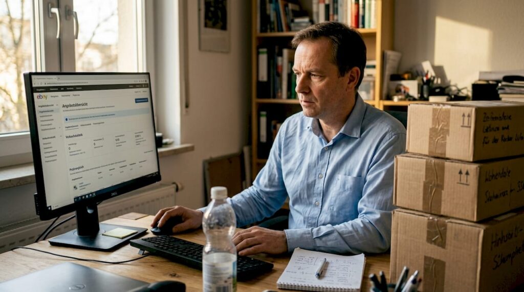 Ein Amazon-Händler arbeitet von seinem Schreibtisch im Homeoffice aus.