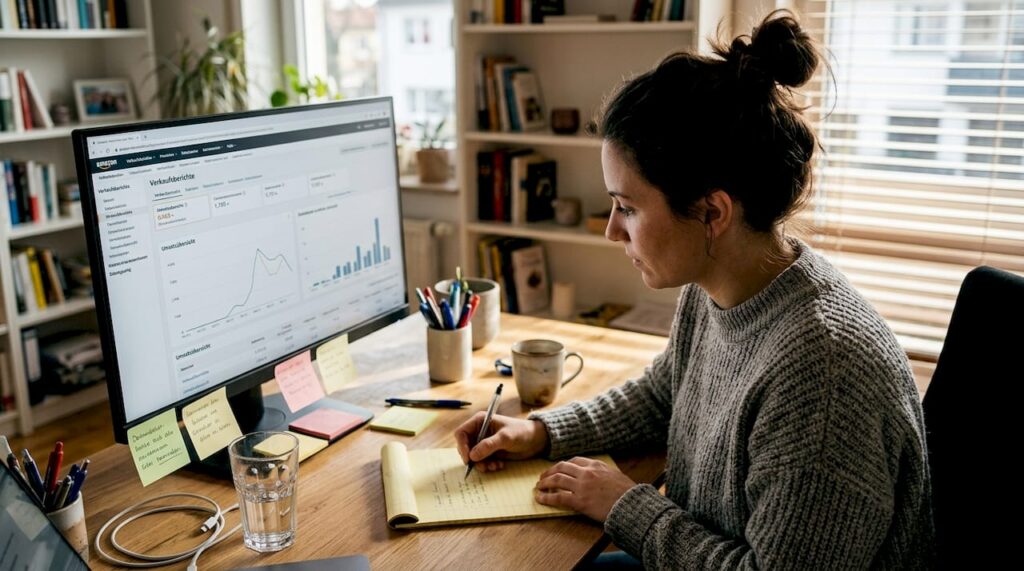 Eine Mitarbeiterin erstellt und analysiert Berichte für das Amazon-Konto.