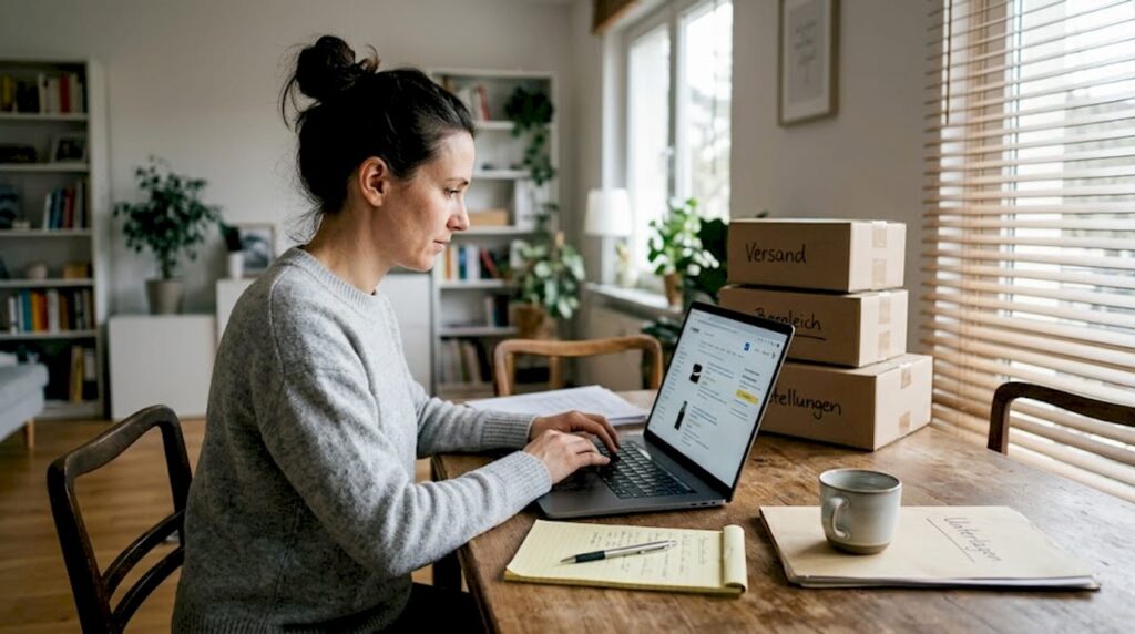 Eine Frau sitzt an ihrem Schreibtisch im Homeoffice und analysiert verschiedene Amazon-Angebote.