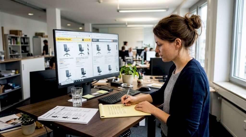 Eine Frau arbeitet konzentriert an ihrem Schreibtisch und bringt die Inhalte ihres Onlineshops auf Vordermann.