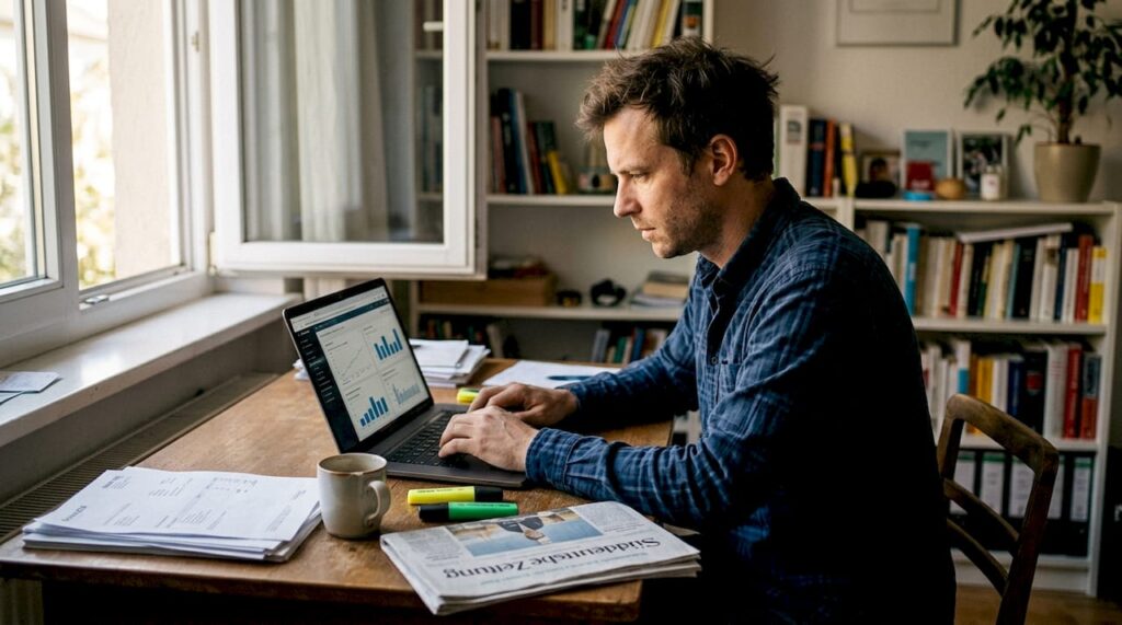 Ein Mann analysiert seine Amazon-Auswertungen in seinem hellen Homeoffice.