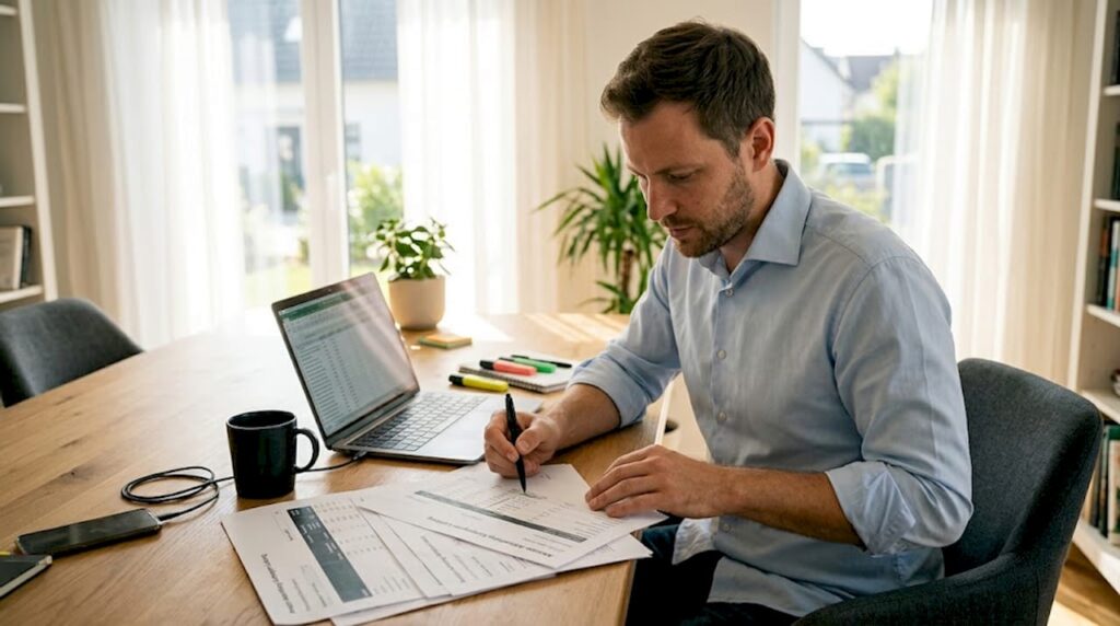 Ein Mann sitzt zuhause am Küchentisch und wertet die aktuellen Werbeberichte von Amazon aus.