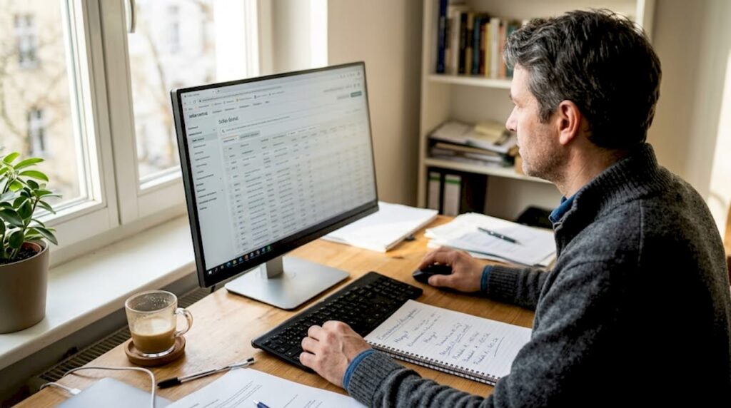 Ein Händler arbeitet am Computer in Seller Central.