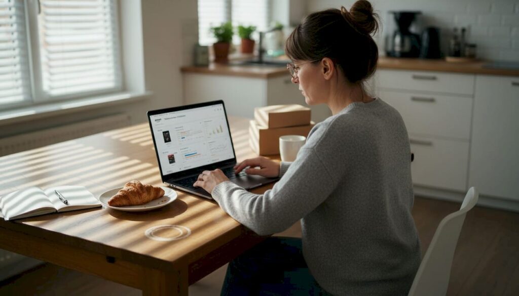 Ein Amazon-Verkäufer arbeitet entspannt von zuhause aus und nutzt dafür den Küchentisch als Arbeitsplatz.