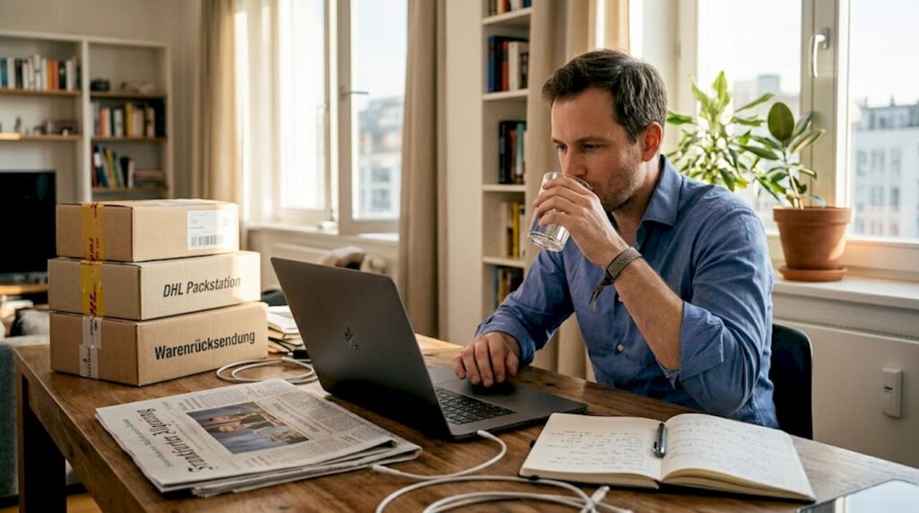 Am Küchentisch überprüft der Account Manager die Produktdaten.