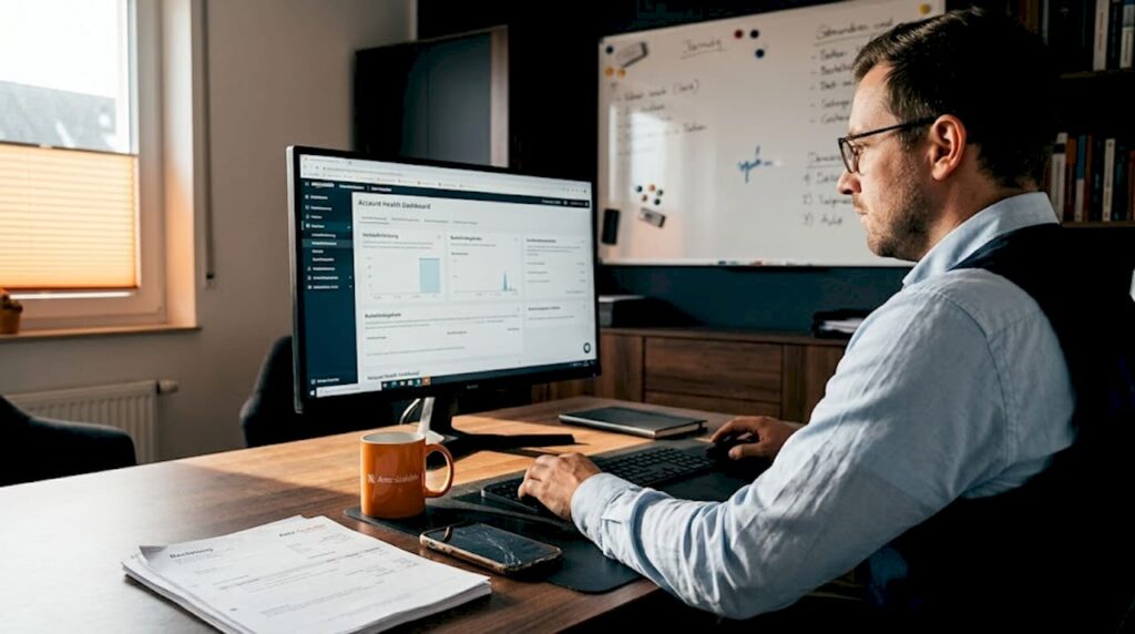 Ein Mann wirft im Homeoffice einen Blick auf sein Amazon-Dashboard.