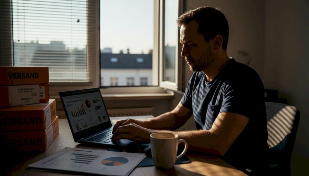 Ein Amazon-Händler analysiert im Homeoffice seine Verkaufszahlen und wertet die aktuellen Geschäftsdaten aus.