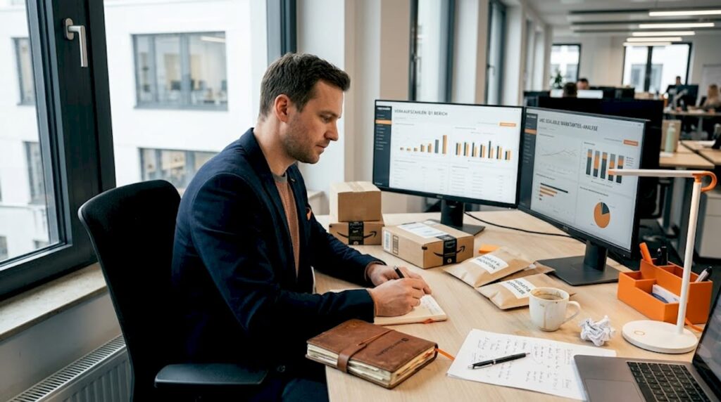 Ein Manager wertet am Schreibtisch die Verkaufszahlen von Amazon aus.