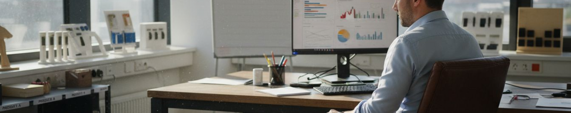 Ein Amazon-Händler sitzt in seinem modernen Eckbüro und analysiert die aktuellen Verkaufszahlen und Kennzahlen seines Shops.