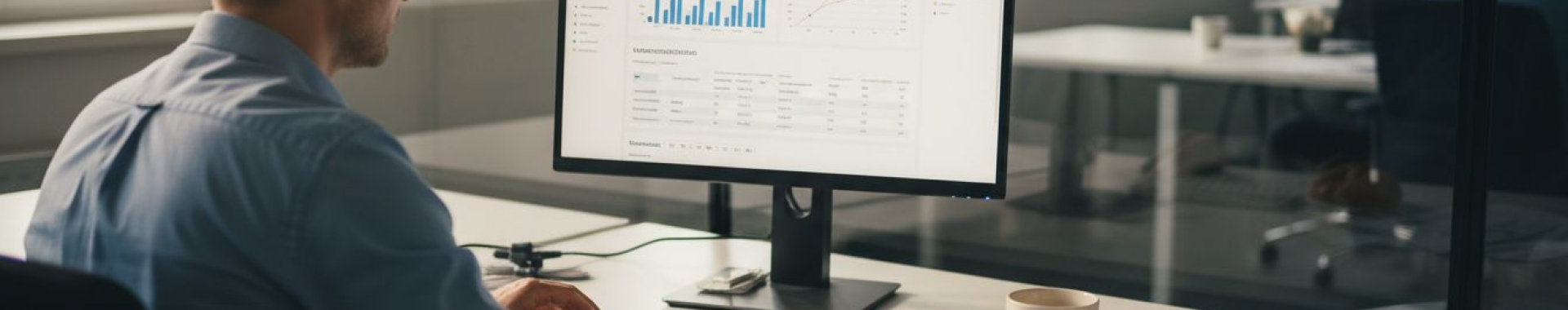 Ein Mann sitzt an seinem Schreibtisch und wertet die Verkaufsdaten seines Amazon-Shops aus.