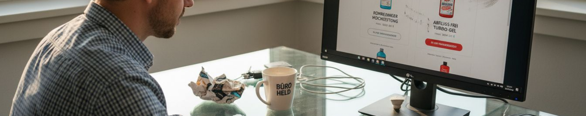 Ein Mann sitzt am Schreibtisch und vergleicht verschiedene Amazon-Konkurrenten.