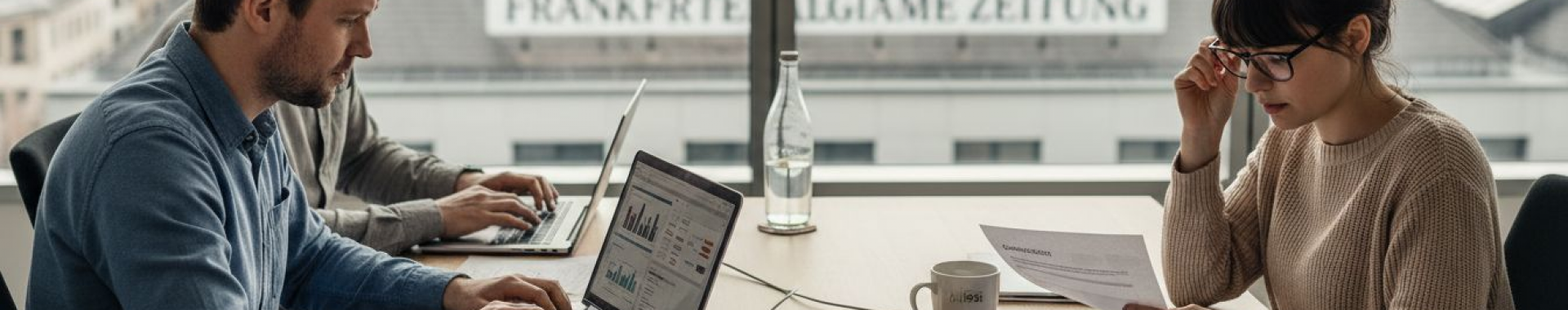 Team-Meeting der Amazon-Agentur mit Laptops und Arbeitsunterlagen am Tisch