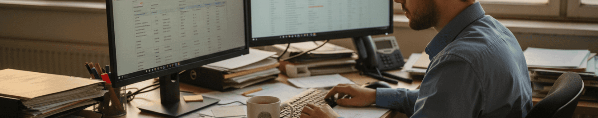 Ein Account Manager sitzt an seinem vollgestellten Amazon-Schreibtisch und arbeitet konzentriert.