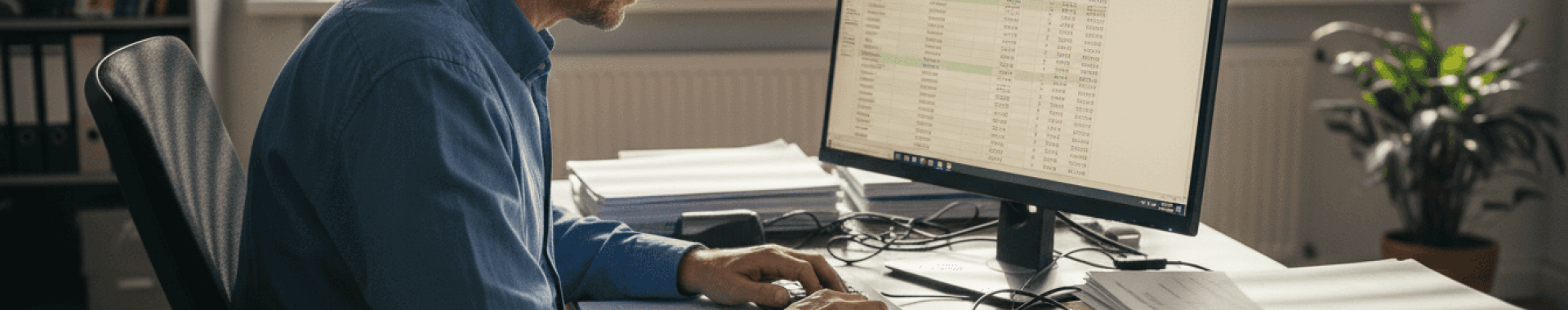 Ein Mann sitzt am Schreibtisch und wirft einen prüfenden Blick auf die Markenanalyse seines Amazon-Shops.