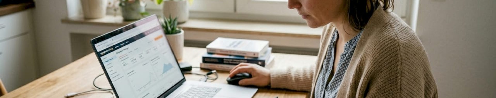Eine Frau arbeitet von zu Hause aus an ihrer Strategie für Amazon-Werbung.