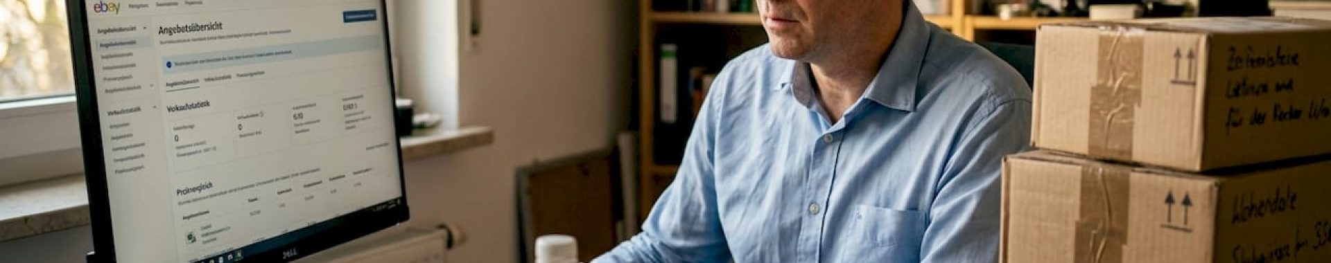 Ein Amazon-Händler arbeitet von seinem Schreibtisch im Homeoffice aus.