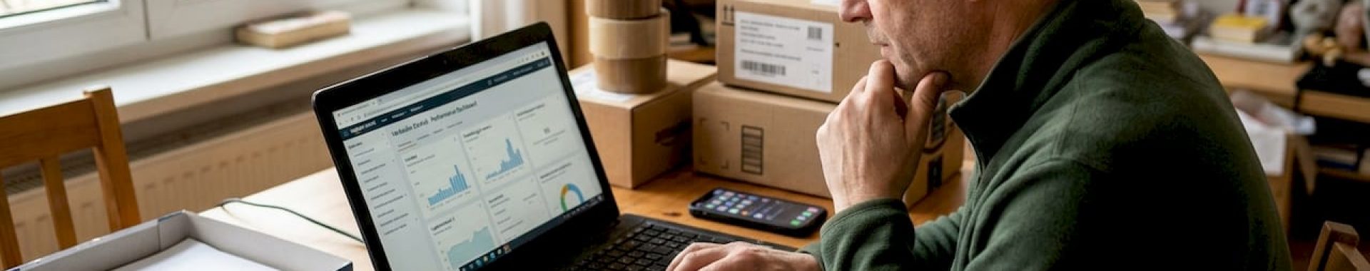 Ein Amazon-Händler sitzt am Esstisch und wirft einen Blick auf sein Verkäufer-Dashboard.