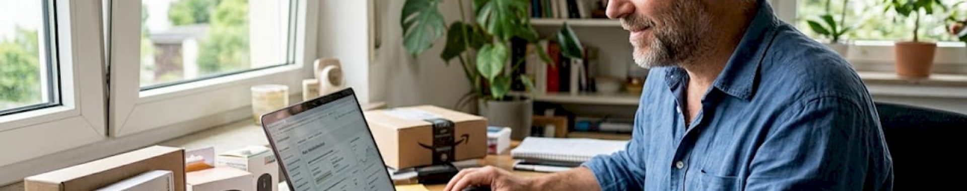 Ein Mann prüft von seinem Homeoffice aus das Verkäufer-Dashboard bei Amazon.