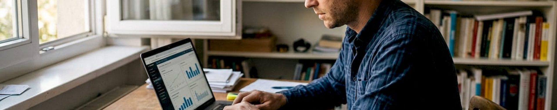 Ein Mann analysiert seine Amazon-Auswertungen in seinem hellen Homeoffice.