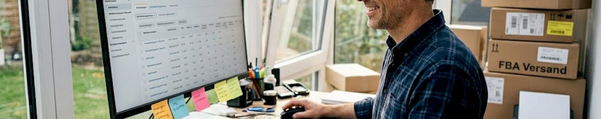 Ein Amazon-Händler sitzt am Schreibtisch und wertet aufmerksam die Kennzahlen seiner PPC-Kampagnen im Analyse-Dashboard aus.